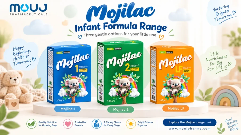 Mojilac 1, Mojilac 2 and Mojilac LF infant formula range